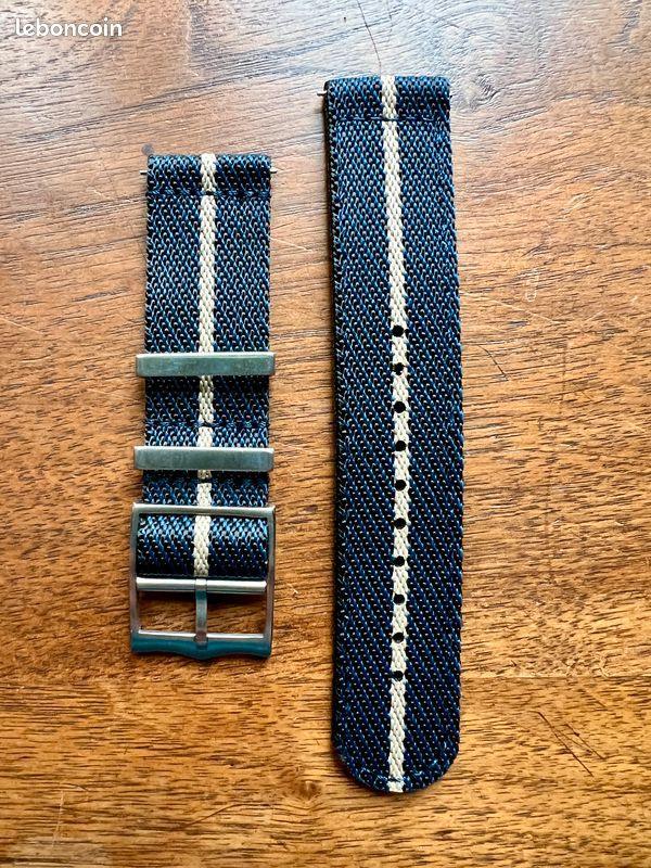 Bracelet premium en nylon sergé bleu, noir avec liseré beige - Vinty Watches