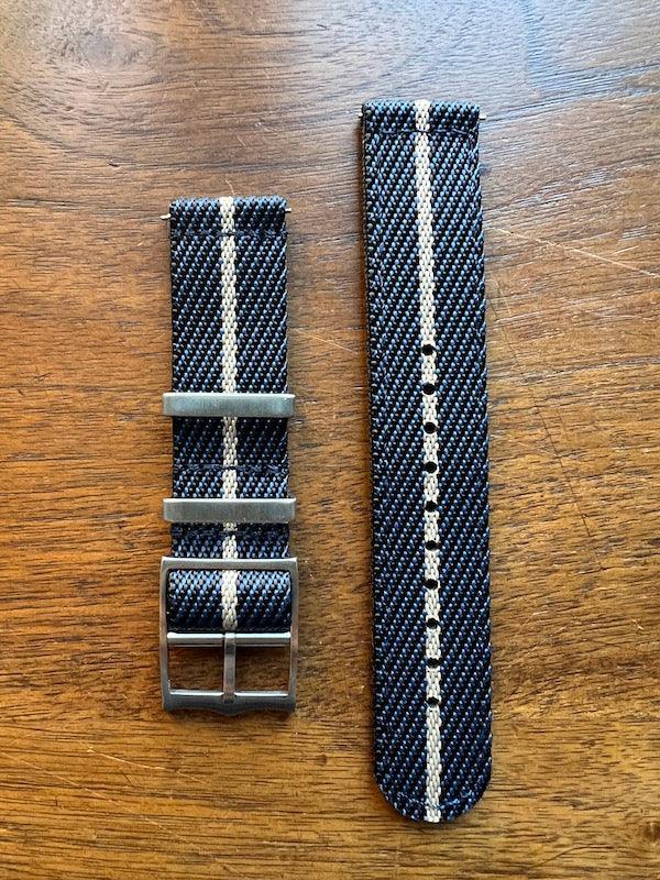 Bracelet premium en nylon sergé bleu, noir avec liseré beige - Vinty Watches