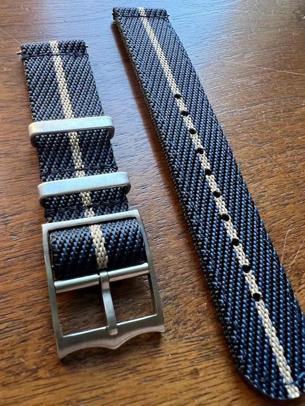 Bracelet premium en nylon sergé bleu, noir avec liseré beige - Vinty Watches
