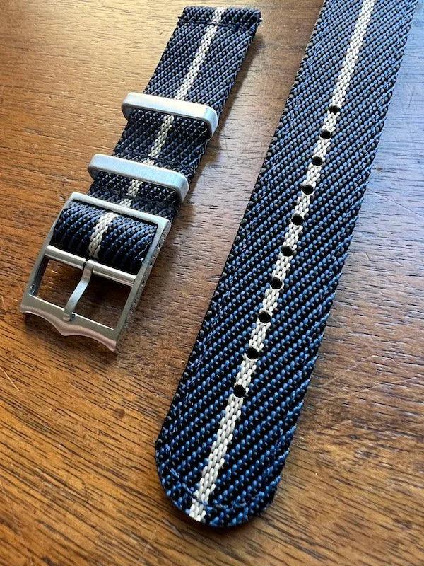 Bracelet premium en nylon sergé bleu, noir avec liseré beige - Vinty Watches