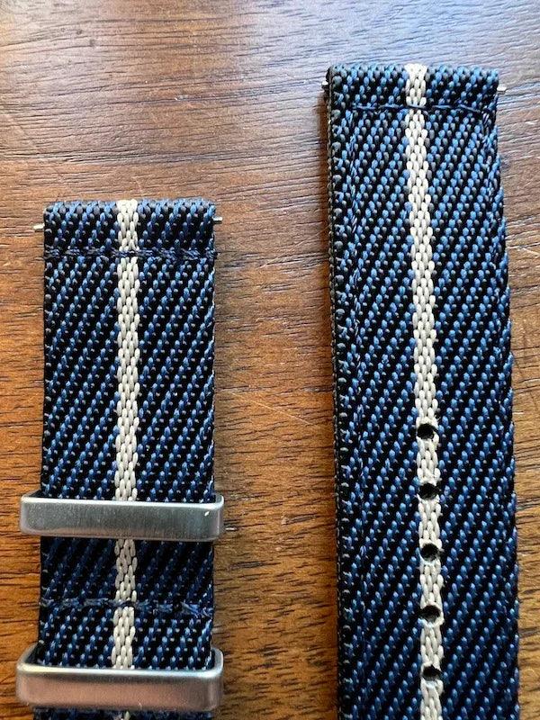 Bracelet premium en nylon sergé bleu, noir avec liseré beige - Vinty Watches