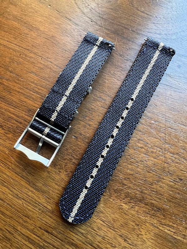 Bracelet premium en nylon sergé bleu, noir avec liseré beige - Vinty Watches